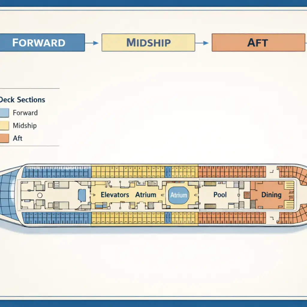 Cruise ship deck plan showing midship, forward, and aft cabin locations with a clear legend