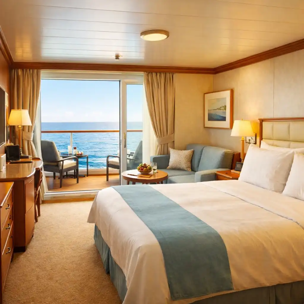 Bright cruise ship balcony cabin with a queen bed and open balcony door revealing an ocean view