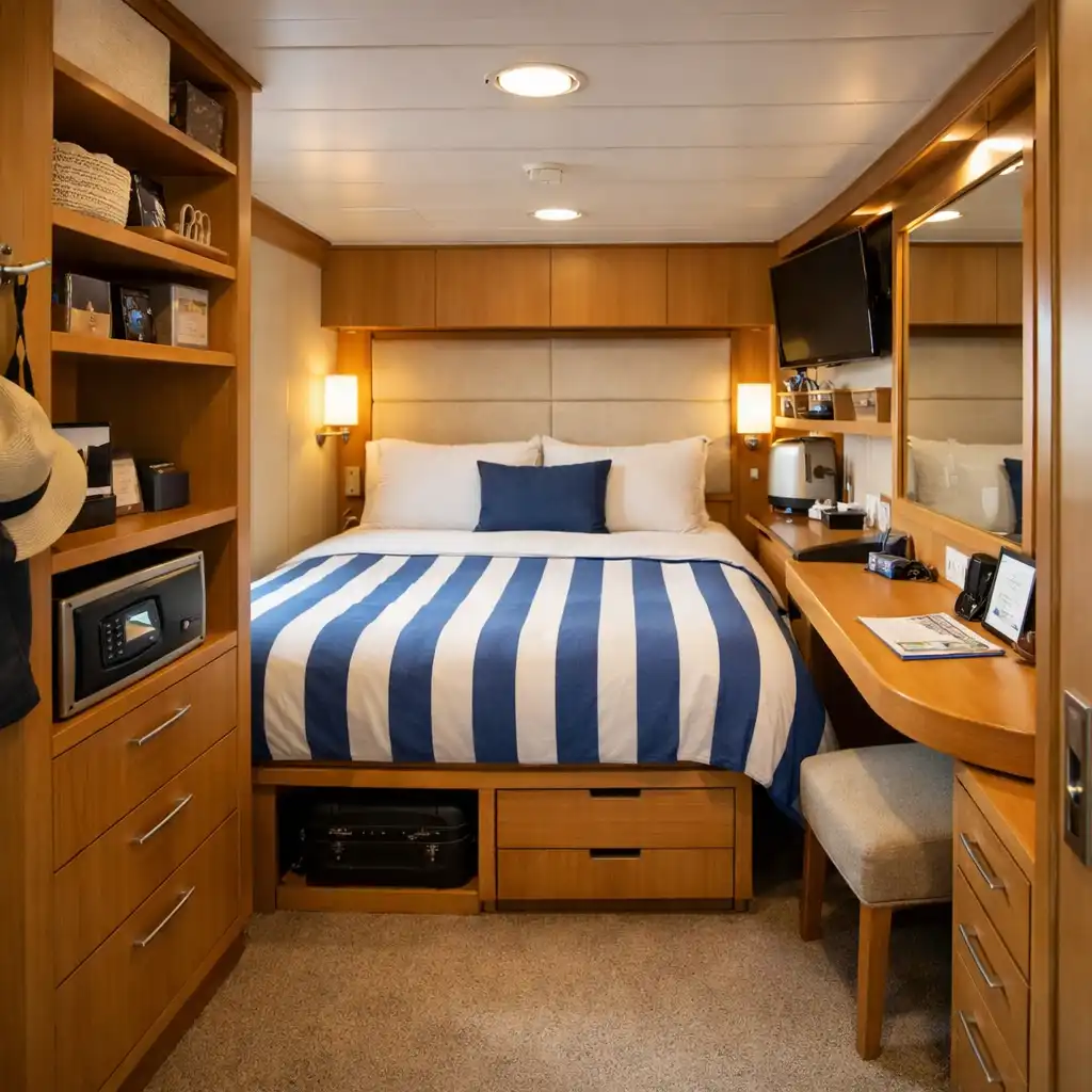 Well-organised cruise ship interior cabin with shelves, drawers, and a compact desk area