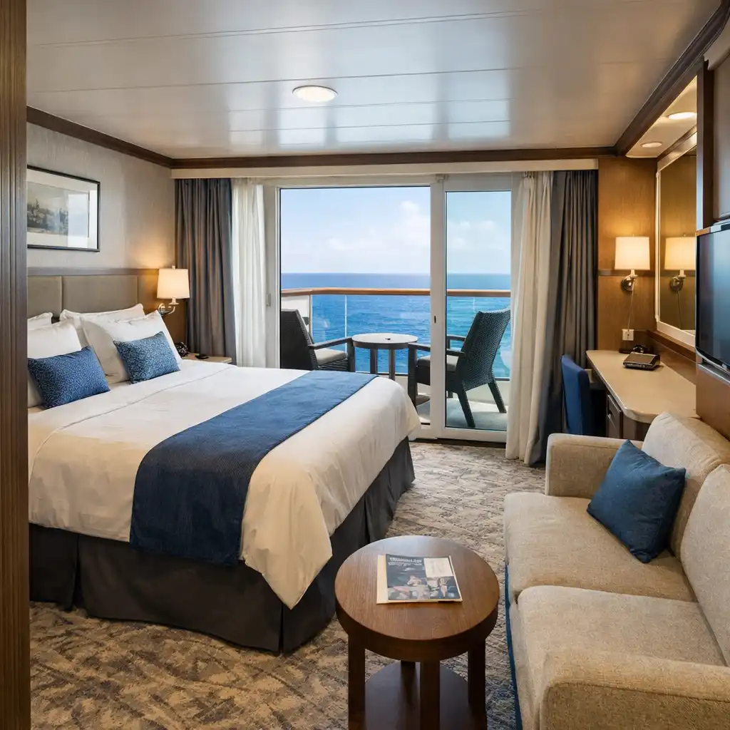 Balcony cabin on Quantum of the Seas with a queen bed, small sofa, and balcony seating
