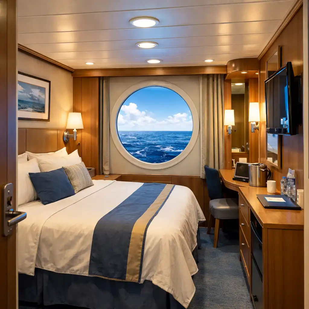 Interior cabin on Carnival Splendor with a virtual porthole and bright, efficient lighting