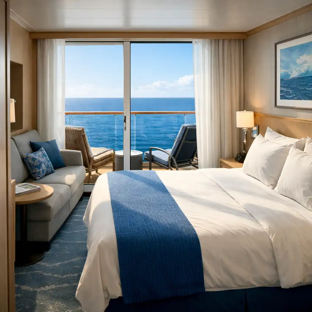 Bright modern cruise ship balcony cabin with a queen bed and private balcony overlooking the ocean