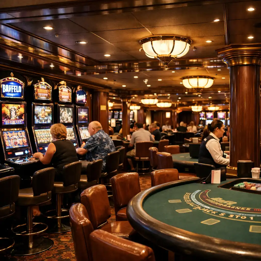 Cruise ship casino interior with slot machines and gaming tables under warm lighting