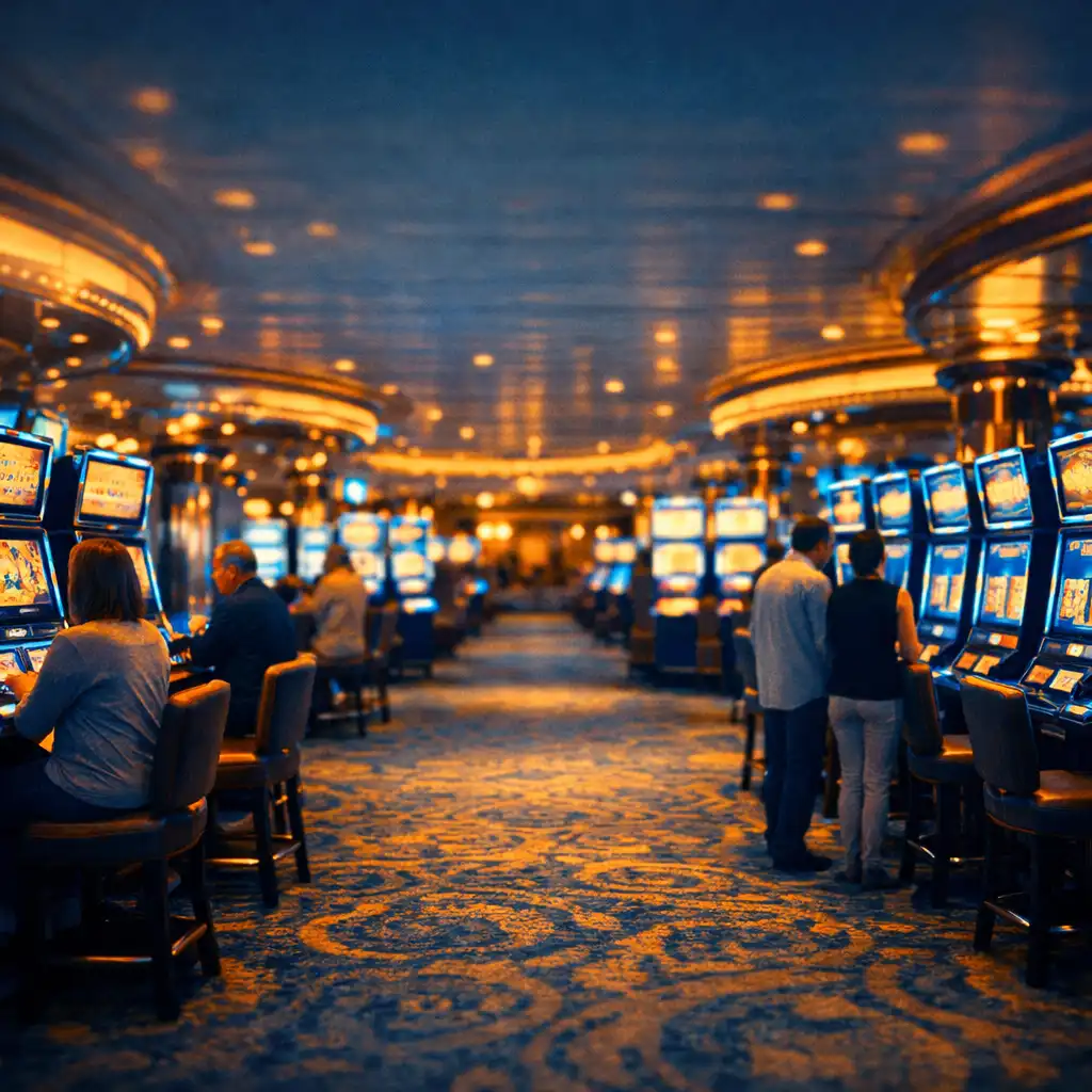 A wide view of a cruise ship casino floor with rows of slot machines, warm lighting, and elegant carpeting at night