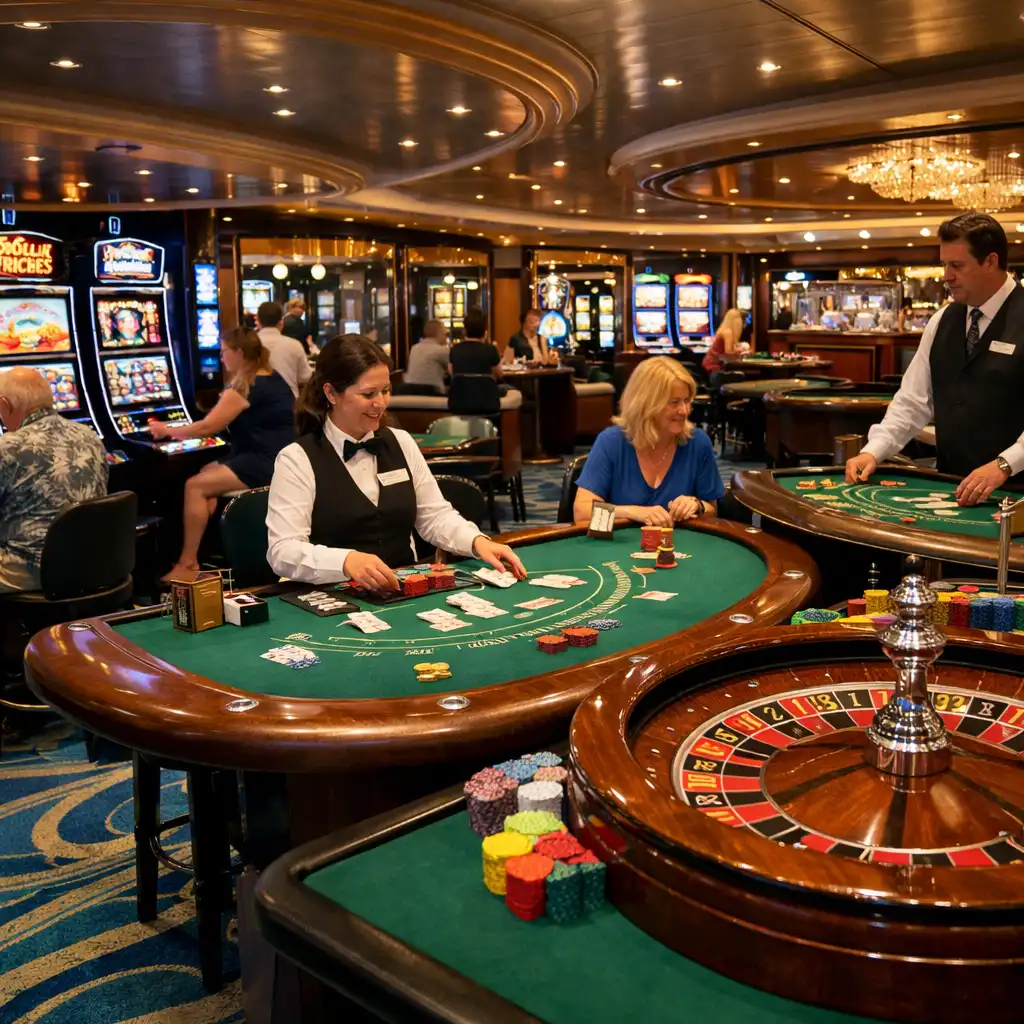 A wide shot of a cruise ship casino with slot machines, blackjack tables, and a roulette wheel