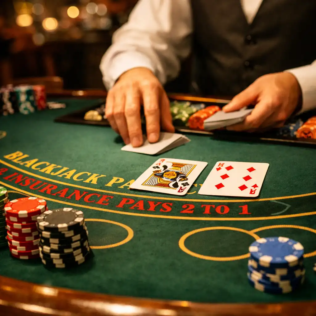 Close-up of a blackjack table on a cruise ship showing green felt, stacks of chips, and a dealer dealing cards