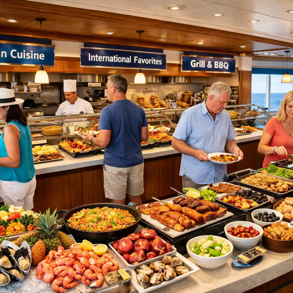 A bright modern cruise ship buffet with multiple international food stations and passengers selecting dishes