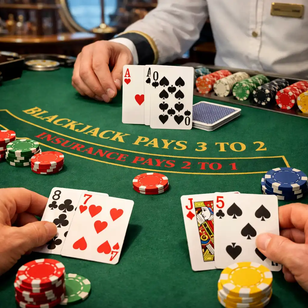 A blackjack table on a cruise ship with cards being dealt and chips in play