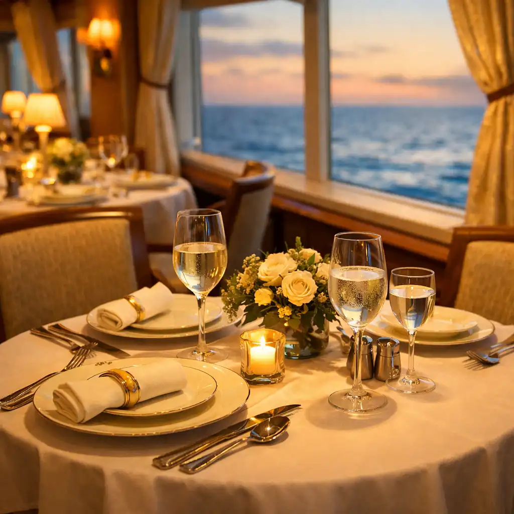 Elegant cruise ship dining room with a set table and ocean views