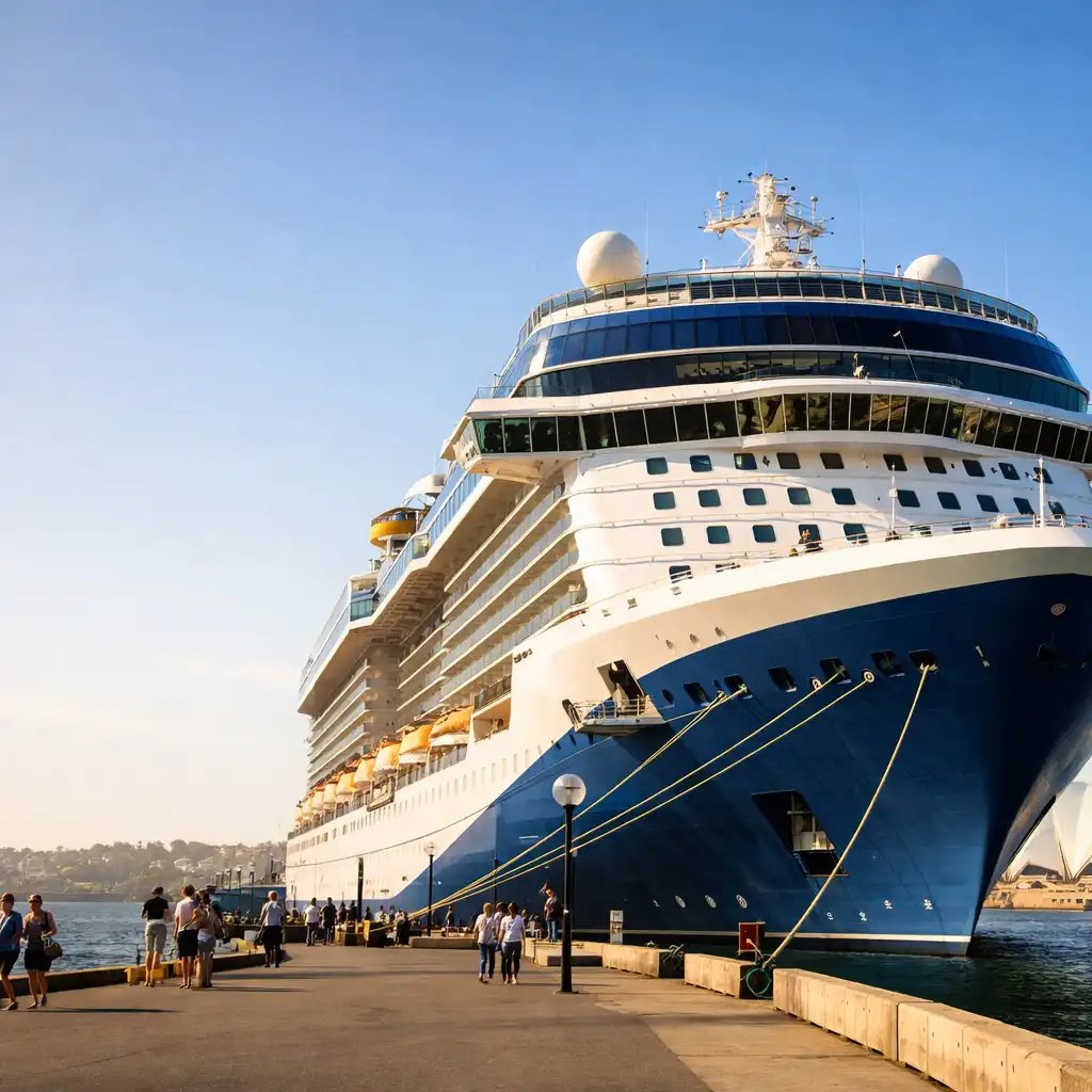 Large modern cruise ship docked at a sunny Australian port with the Sydney Opera House faintly visible in the background