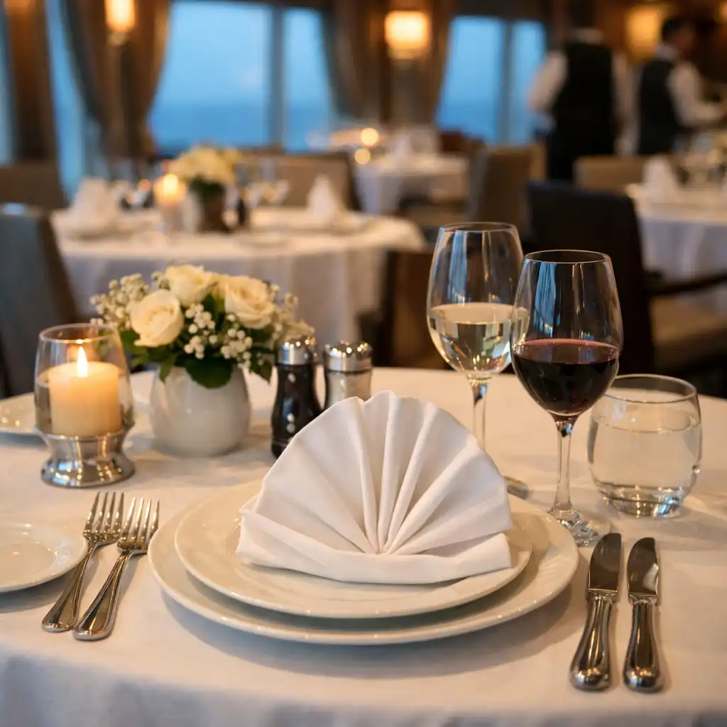 Elegant cruise ship main dining room with tables set for dinner and large windows with ocean views