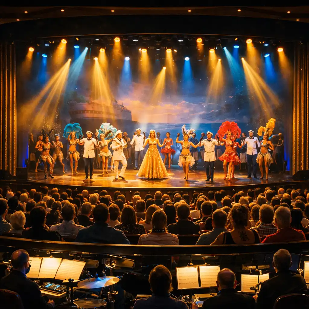 A vibrant cruise ship theatre show with performers on stage and a full audience