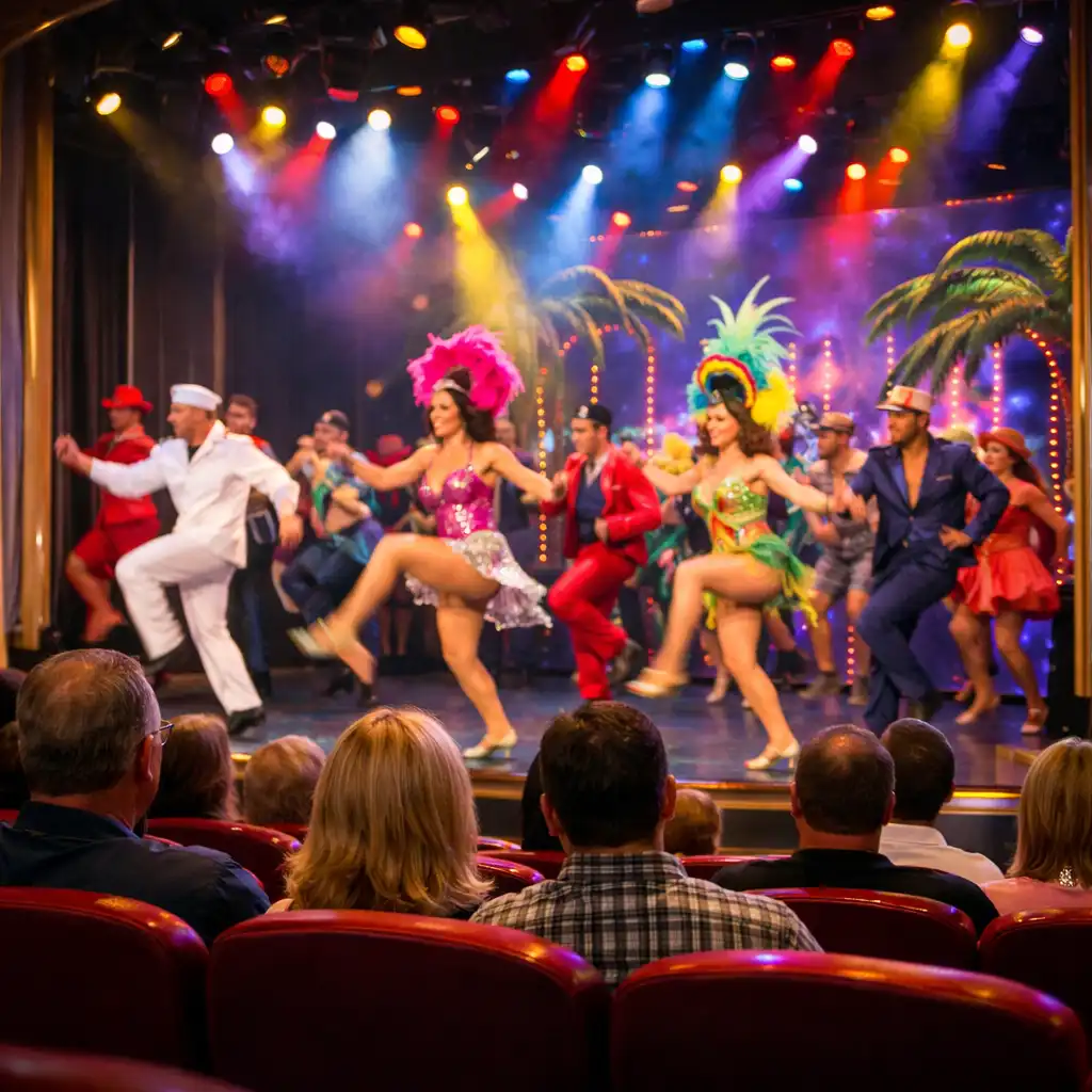 Cruise ship theatre during a live performance with brightly lit stage and performers in costumes