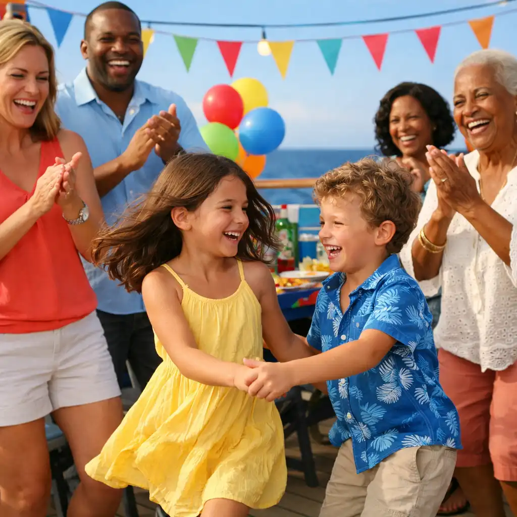 A family enjoying a deck party on a cruise ship with children dancing and parents clapping