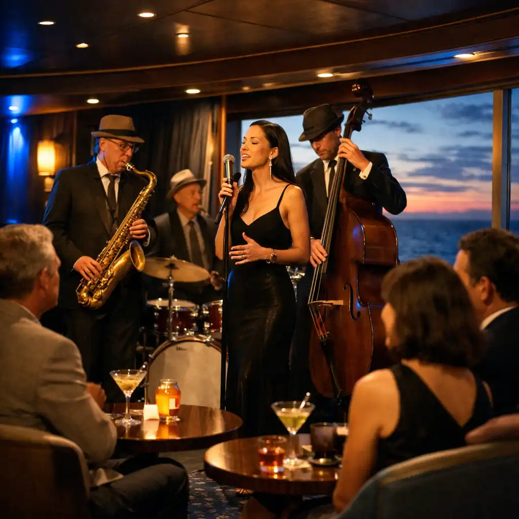 A stylish cruise ship lounge with a live jazz band and ocean views at dusk