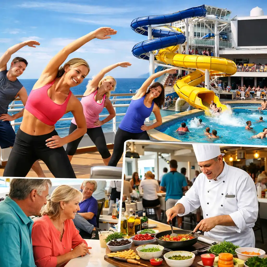 A bright scene of cruise ship daytime activities including fitness, cooking, and pool areas
