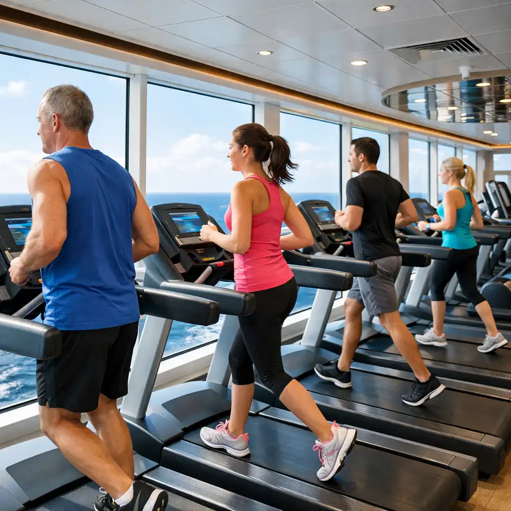 Modern cruise ship fitness centre with treadmills facing a large ocean-view window