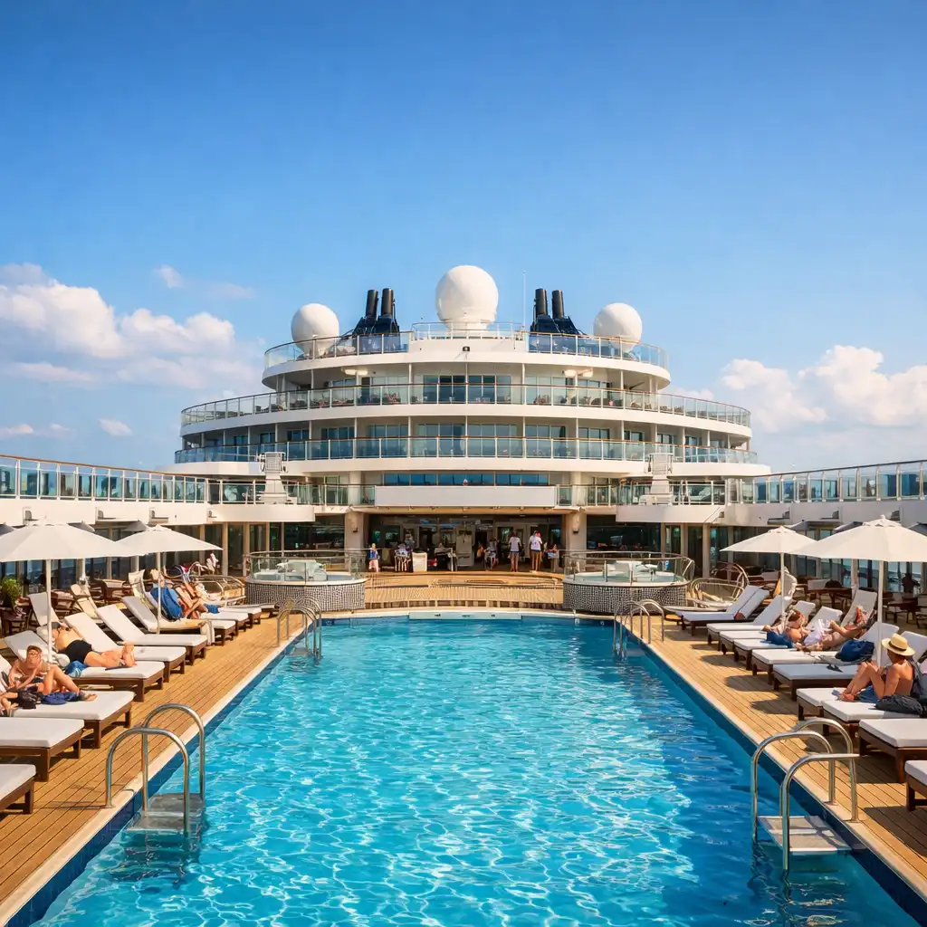 A modern cruise ship pool deck with clear blue water, white loungers and ocean views