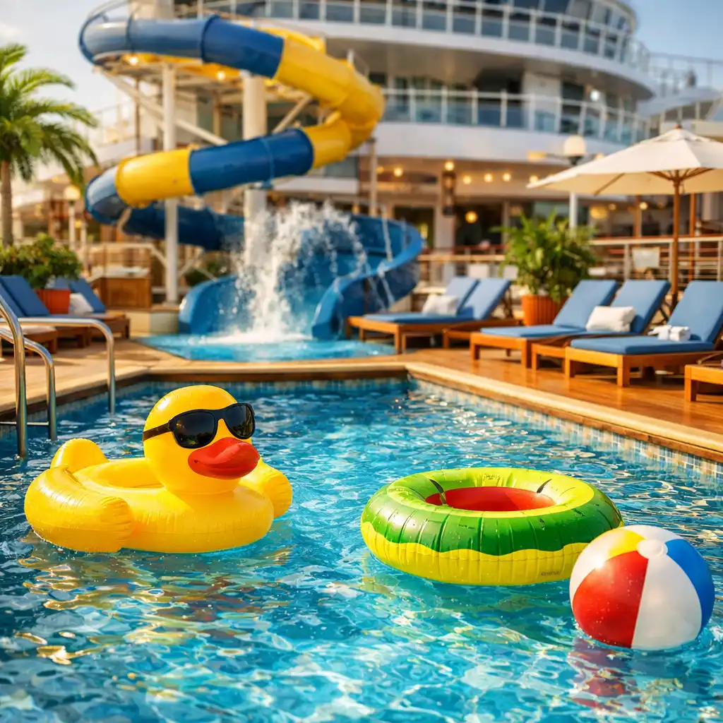 Cruise ship pool area with sparkling water, loungers and a water slide in the background
