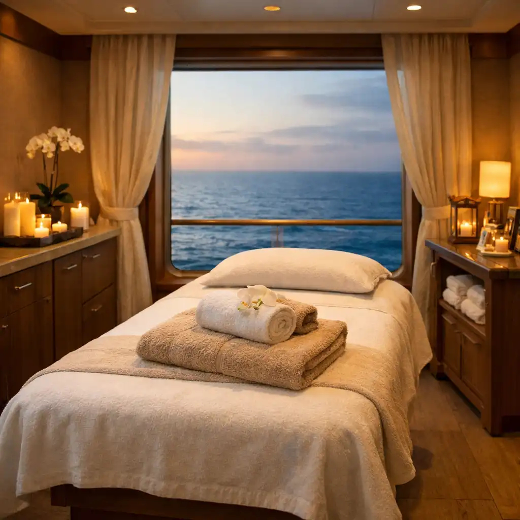 Serene cruise ship spa treatment room with massage table, soft towels and an ocean view