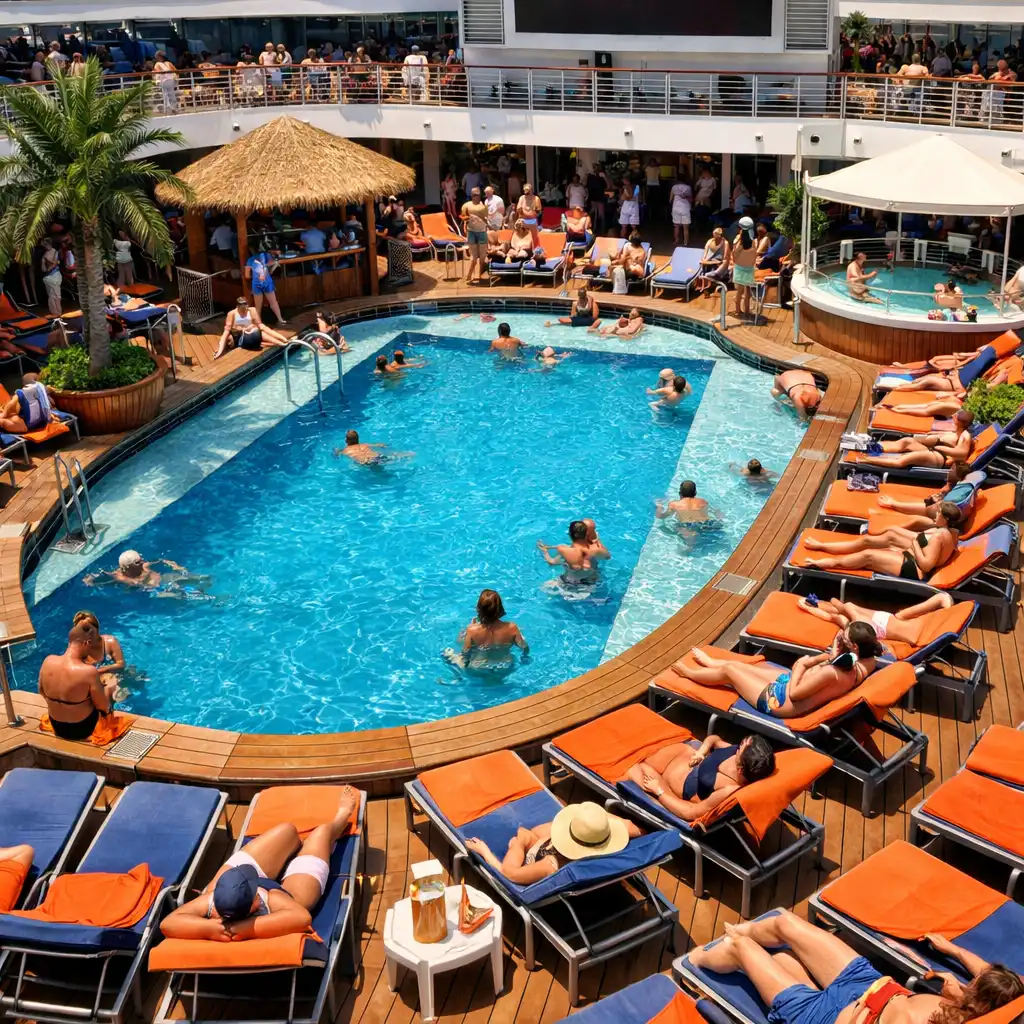 Cruise ship main pool deck with clear blue water, loungers with orange towels, and tropical plants