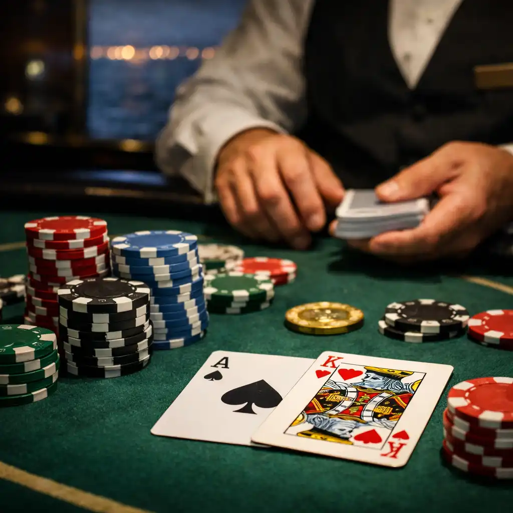 A close-up of a poker table on a cruise ship with stacks of chips and playing cards