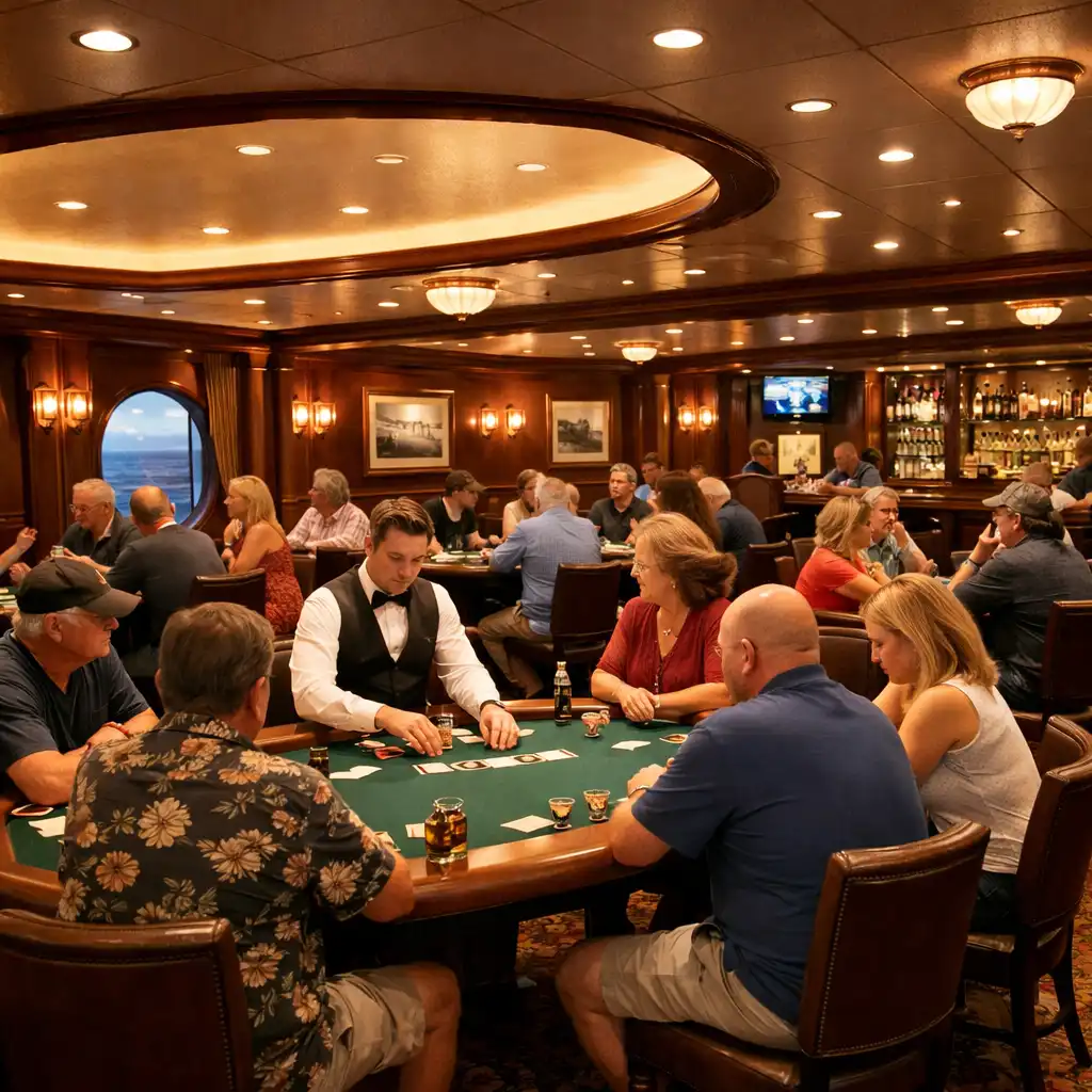 Warm and social poker room on a cruise ship with players seated at tables