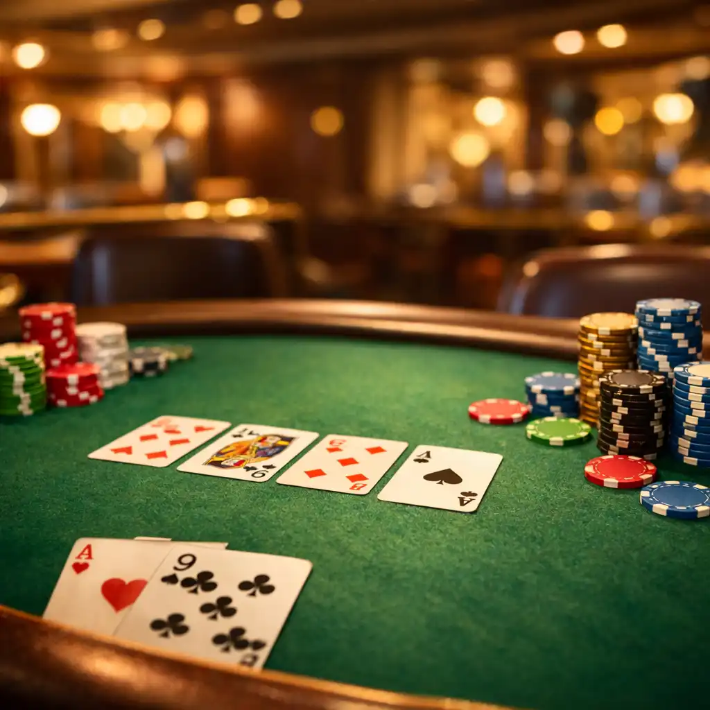 Poker table on a cruise ship with playing cards and colourful chips