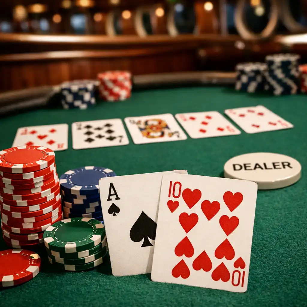 Close-up of a cruise ship poker table with green felt, playing cards, and poker chips