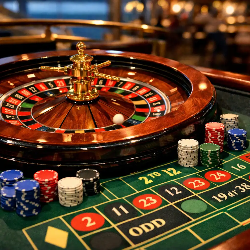 A roulette wheel on a cruise ship table with the ball in motion and chips on the layout