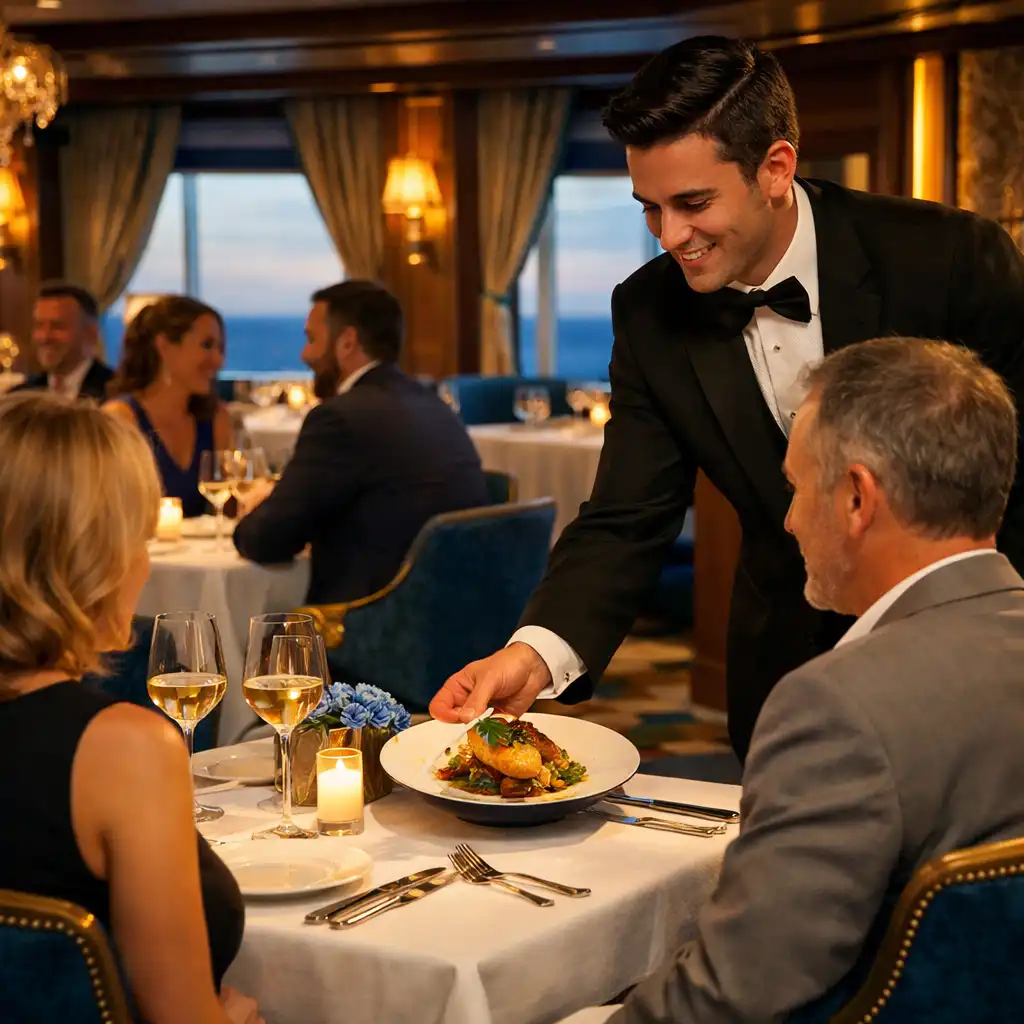 An elegant speciality restaurant interior on a cruise ship with intimate table settings and ambient lighting